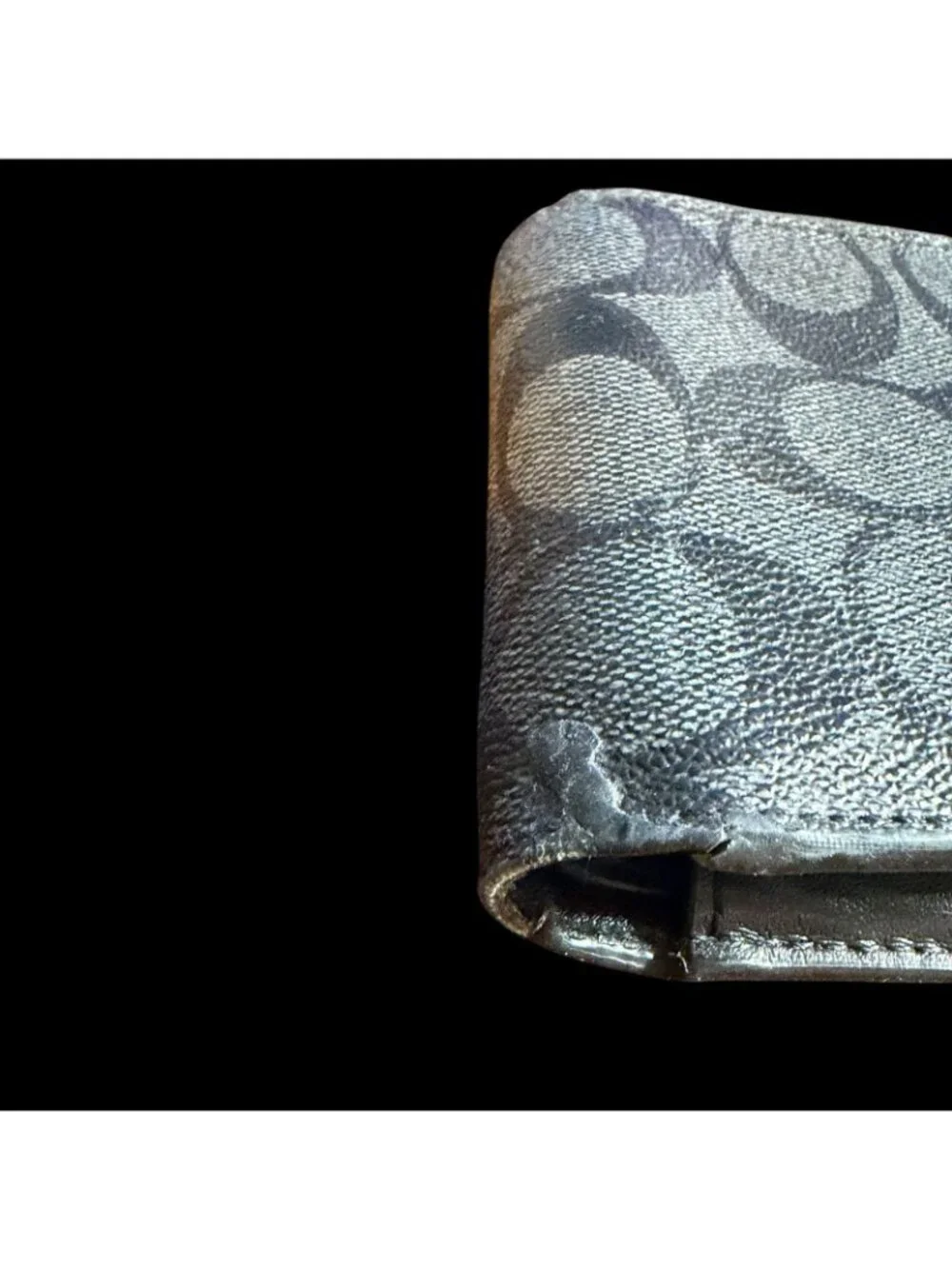Coach Bifold Wallet Signature Canvas Black Embossed Logo Card Slots ID Window